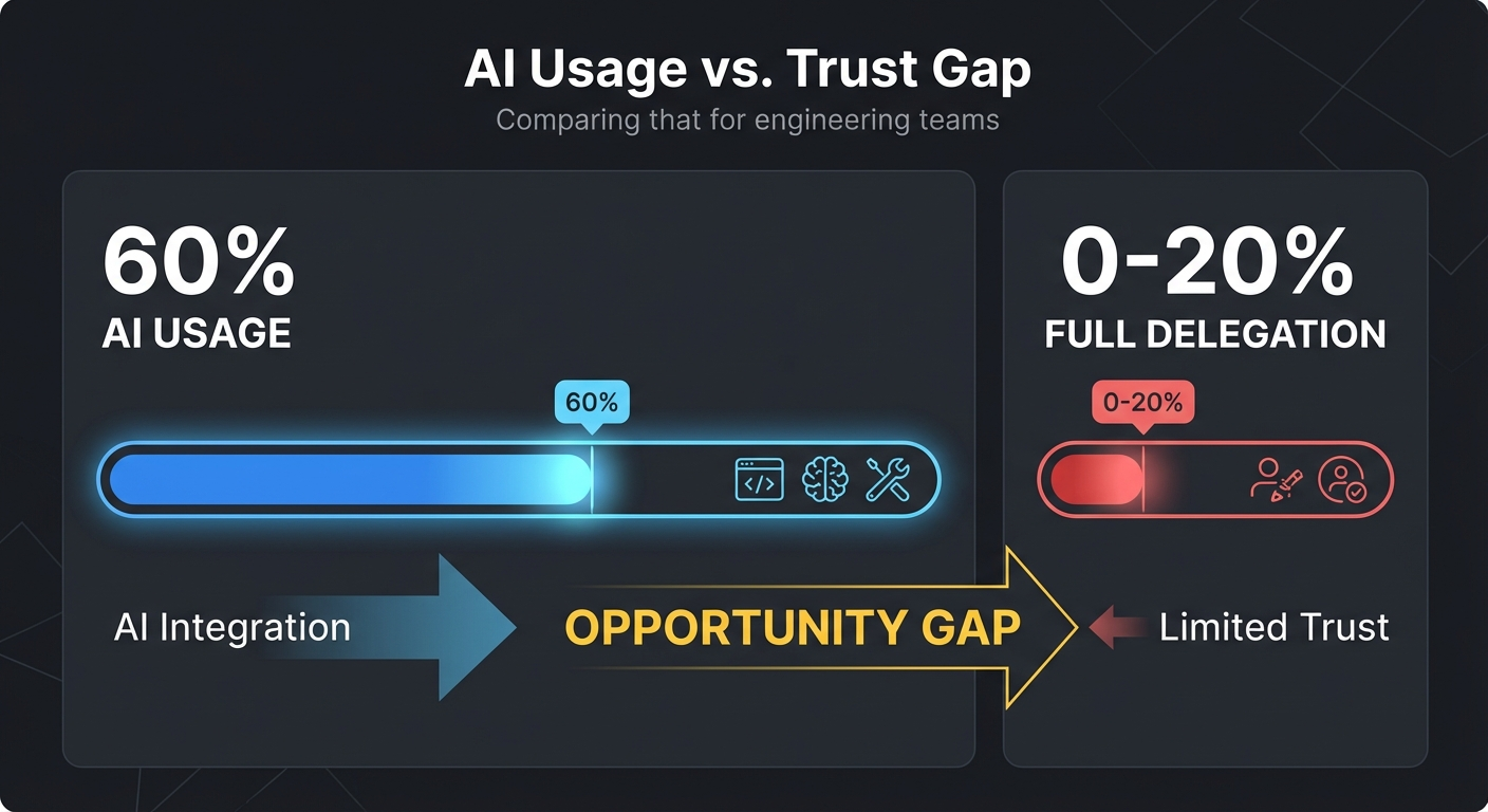 Infographic showing 60% AI usage vs 0-20% delegation — the opportunity gap